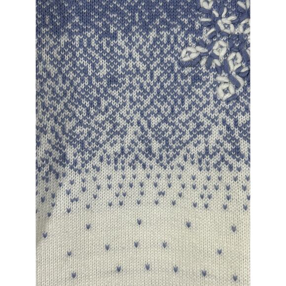 Vintage Sweater Large Blue Cream 3D Snowflakes Sleigh Trees Long Lucia Petites - Picture 7 of 14